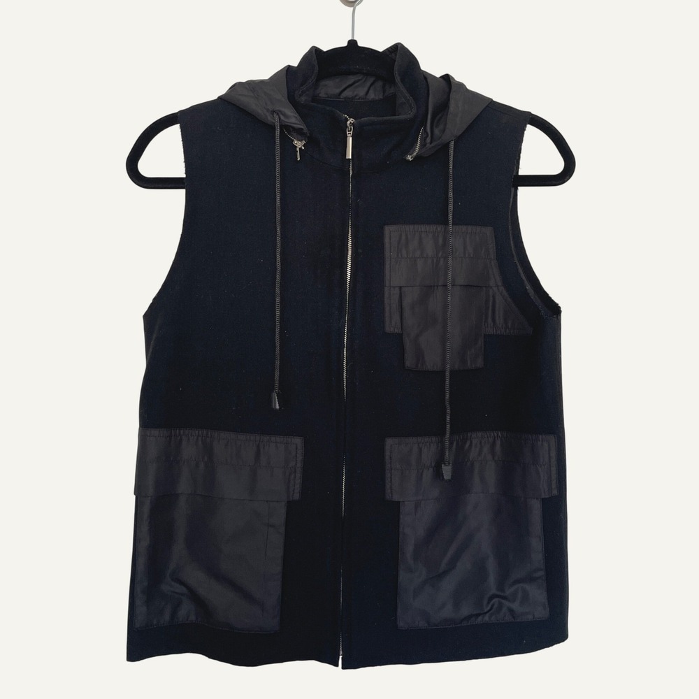 Jo Borkett Vest Black Wool Blend Utility Cargo Hooded Techwear Sleeveless Sz S